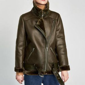 Zara double-faced biker jacket/ olive green
